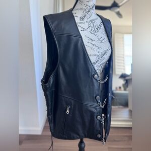 Harley Davidson Black Biker Chain Links Motorcycle Moto Leather Vest Lace Up XL